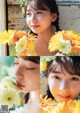 A collage of photos of a woman with flowers in her hair.