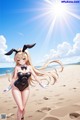 A woman in a bunny suit walking on a beach.