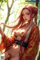 A woman in a red kimono is posing naked in the woods.